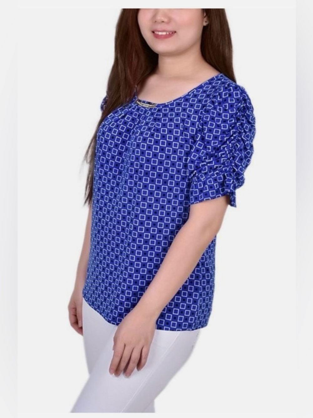 Notations L NWT Royal Blue Geometric Print Short Ruffle Sleeve Top